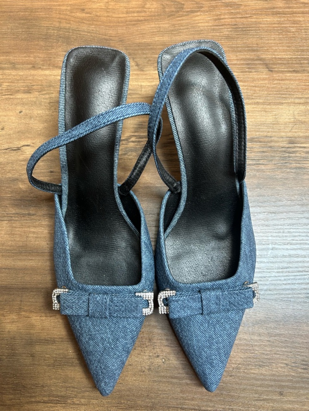 Women’s Pointed Denim Slingback Heels with Crystal Buckle